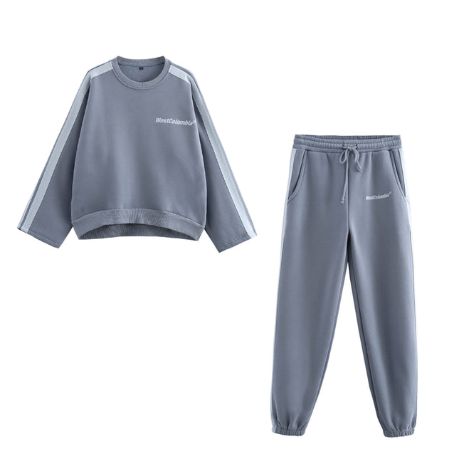 Front Letter Print Gray Color Crew Neck Long Sleeve Casual Fashion Sweatshirt for Women
