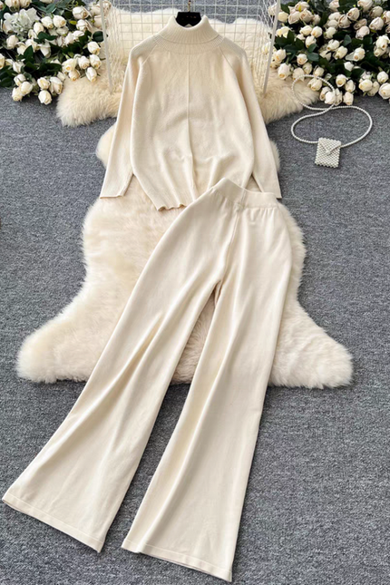 High Neck Sweater Women Versatile Autumn and Winter Lazy Style Long Sleeved Sweater High Waist Wide Leg Long Pants Two-piece Set