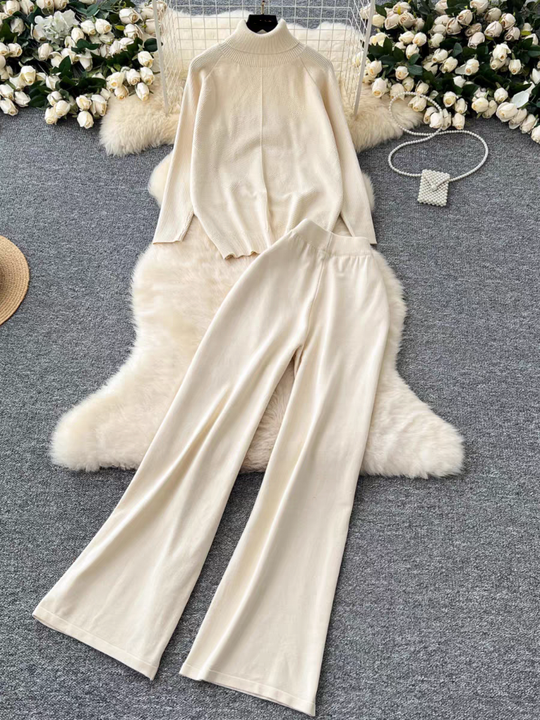 High Neck Sweater Women Versatile Autumn and Winter Lazy Style Long Sleeved Sweater High Waist Wide Leg Long Pants Two-piece Set