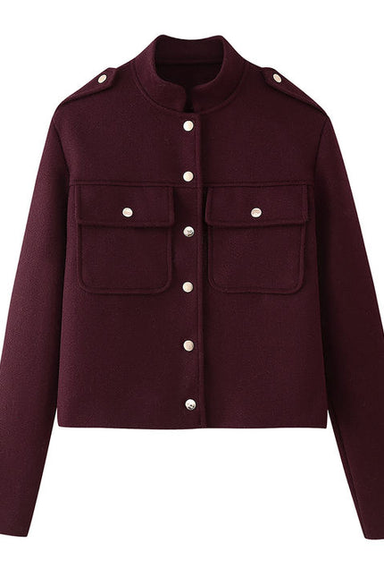 Stand Color Long Sleeve Single Breasted Front Pockets Casual Fashion Jacket for Women