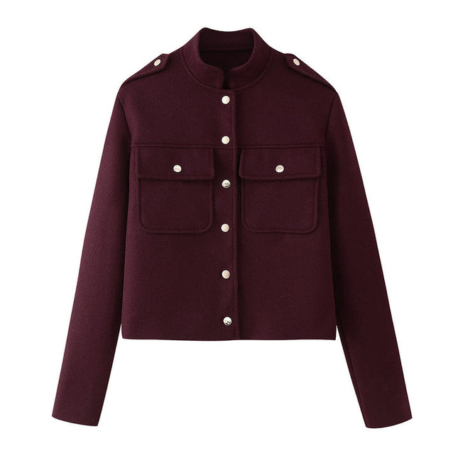 Stand Color Long Sleeve Single Breasted Front Pockets Casual Fashion Jacket for Women