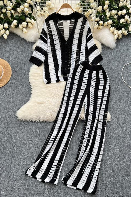 Plus Size Women's Premium Set Colorblocking Striped Knit Cardigan Loose Wide Leg Pants Casual 2 Pieces