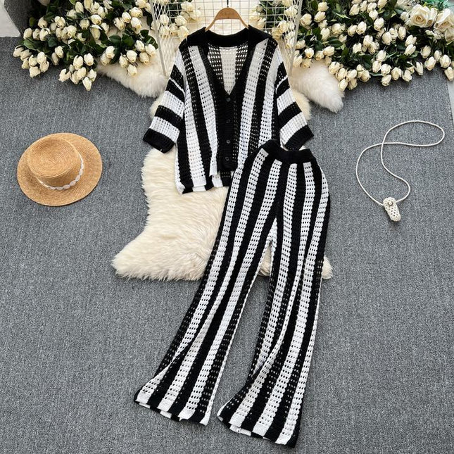 Plus Size Women's Premium Set Colorblocking Striped Knit Cardigan Loose Wide Leg Pants Casual 2 Pieces