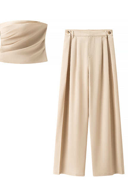 Pleated Strapless Crop tank Top Beige Color Zipper Fly Long Pants Casual Fashion Women 2 Piece Set