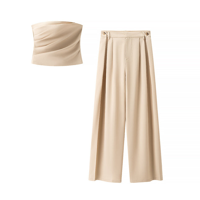 Pleated Strapless Crop tank Top Beige Color Zipper Fly Long Pants Casual Fashion Women 2 Piece Set