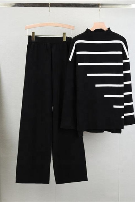 2 Piece Knitted Suit Women Loose Striped Top Casual High Waist Two-piece Pant Set Female Autumn Winter Sweater Set