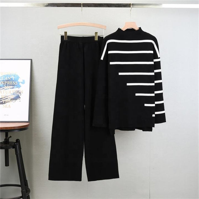 2 Piece Knitted Suit Women Loose Striped Top Casual High Waist Two-piece Pant Set Female Autumn Winter Sweater Set