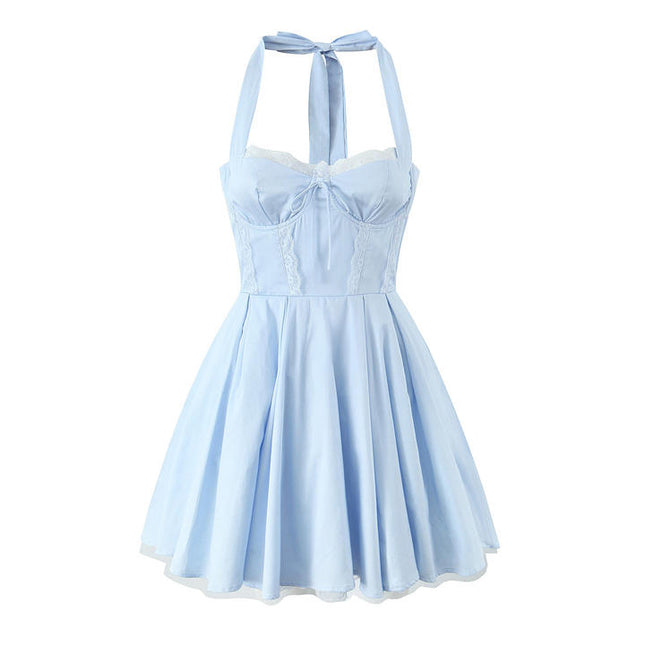 Back Hollow Out Blue Color Sleeveless Front Lace up Casual Fashion Cotton Summer Mini Halter Dress for Ladies