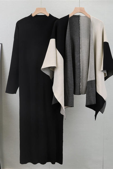 Knit Set Autumn and Winter Clashing Shawl High Collar Knit Dress Two Pieces