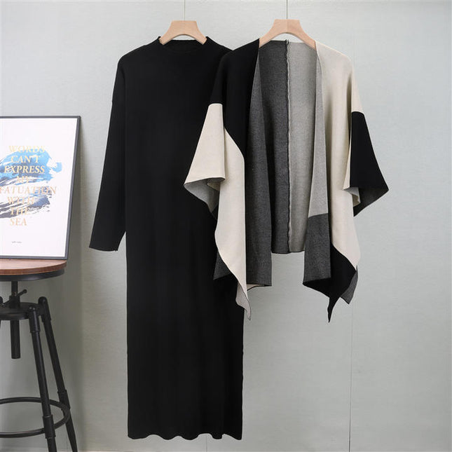 Knit Set Autumn and Winter Clashing Shawl High Collar Knit Dress Two Pieces
