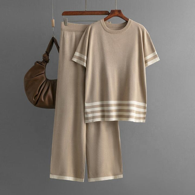 Summer Contrast Stripe Split Short Sleeve Knitwear High Waist Slim Pants Women's Set