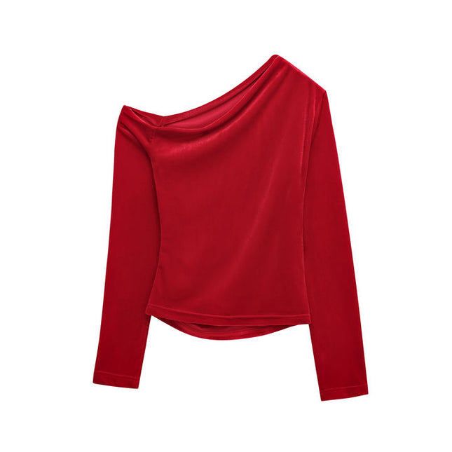 2 Colorway Asymmetrical Design Solid Color Long Sleeve Pleated Hot Sale Casual Fashion t Shirt for Women