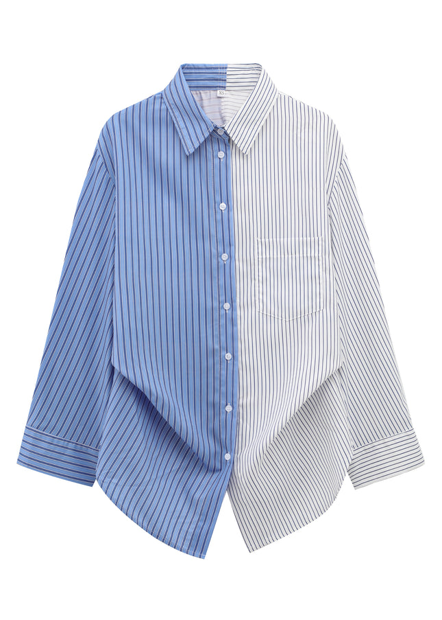 Patchwork Design Striped Print Long Sleeve Buttons up Turn Down Collar Casual Fashion Tops Blouse for Women