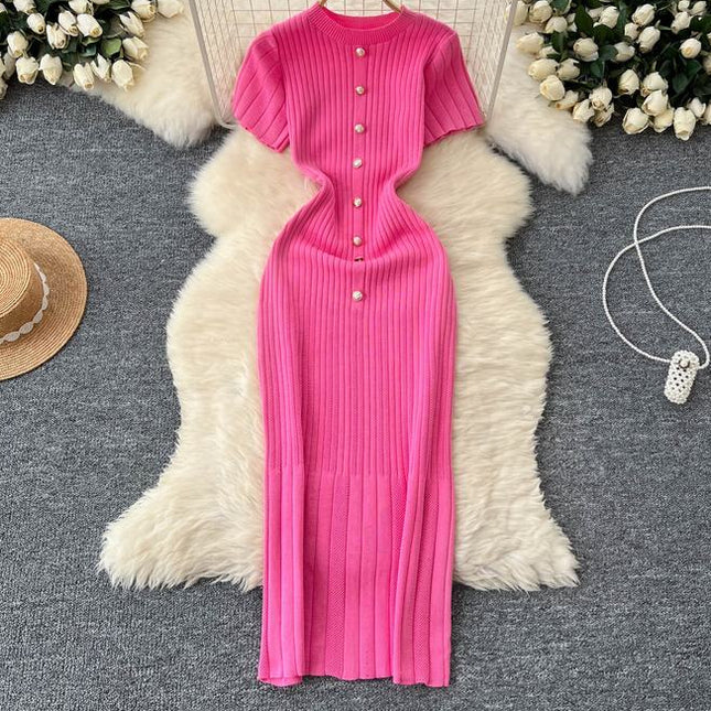 Women's New Premium Round Neck Short Sleeve Slim French Knit Dresses