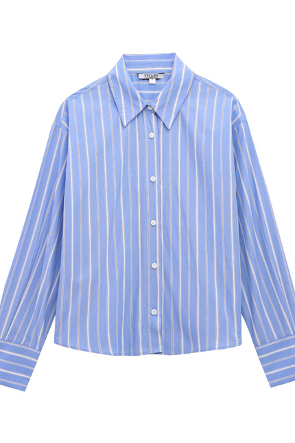 Turn Down Collar Striped Print Blue Color Long Sleeve Casual Fashion Tops Blouse for Women