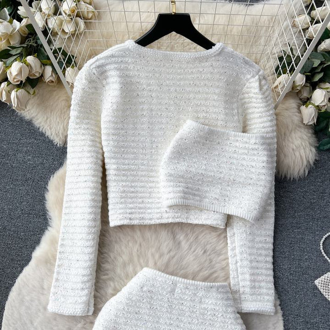 Elegant Casual Short Cardigan Sequin Knitted Set Autumn New Mini Skirt Set Shorts Two Piece Women's Clothing