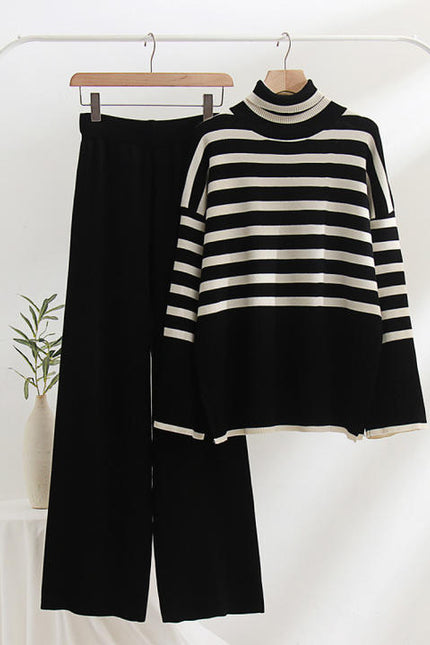 2023 Winter Custom Logo Turtleneck Striped Knitted Top Pullover Knitted Trousers 2 Piece Suit Women's Sweater
