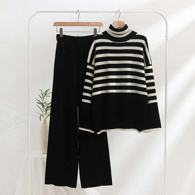2023 Winter Custom Logo Turtleneck Striped Knitted Top Pullover Knitted Trousers 2 Piece Suit Women's Sweater