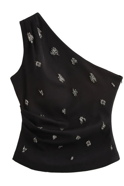 Black Color Asymmetrical Design Beading Sleeveless Casual Fashion tank Top for Women