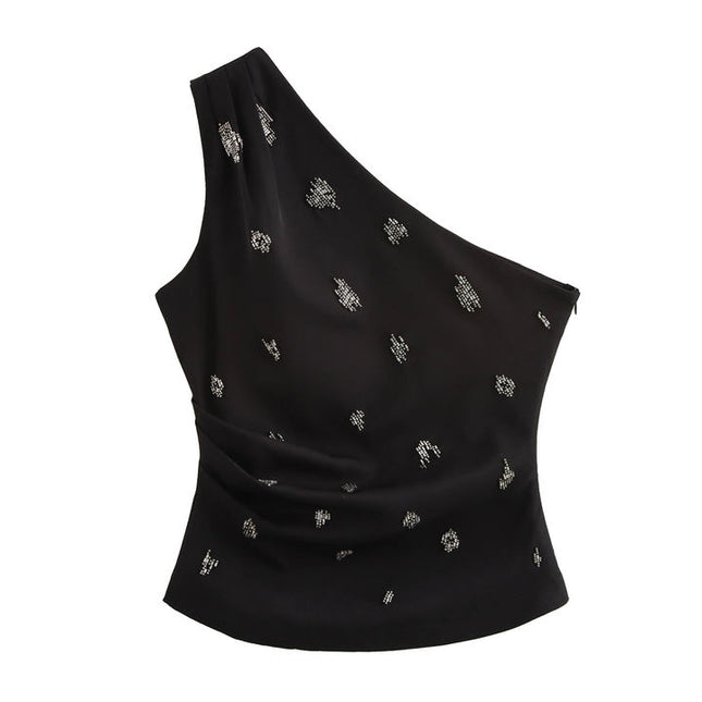 Black Color Asymmetrical Design Beading Sleeveless Casual Fashion tank Top for Women
