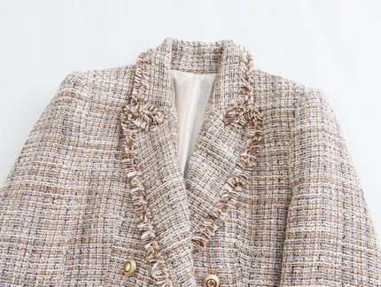 3 Colorway Notched Collar Long Sleeve Double Breasted Casual Fashion Tweed Jacket blazer for Women