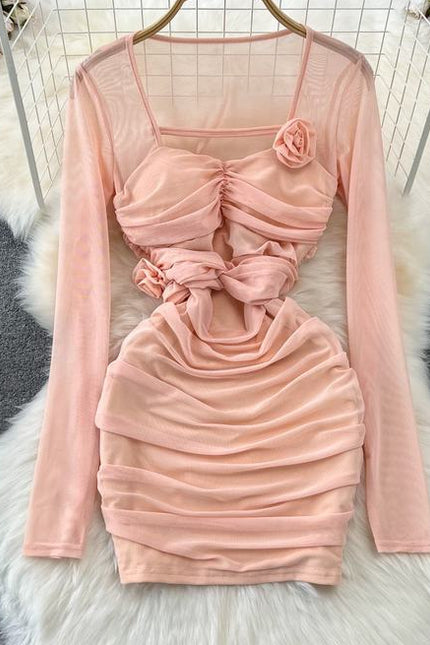 Spicy Girl Sexy Long Sleeve Square Neck Waist Shrinking Mesh Perspective 3D Flower Wrap Hip Dress