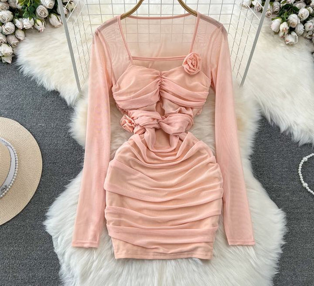 Spicy Girl Sexy Long Sleeve Square Neck Waist Shrinking Mesh Perspective 3D Flower Wrap Hip Dress