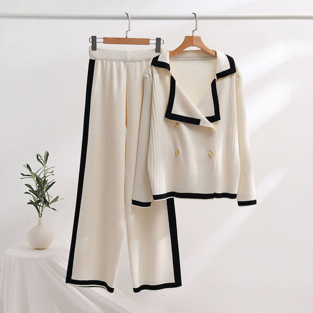 2024 Lapel Casual Top Set Colorblocking Long Sleeve Long Pants Two Piece Suit Set