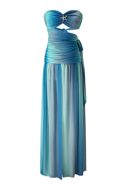 Back Hollow Out Strapless Blue Color Casual Fashion Maxi Dress for Women
