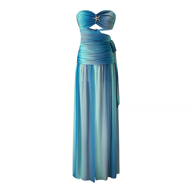 Back Hollow Out Strapless Blue Color Casual Fashion Maxi Dress for Women