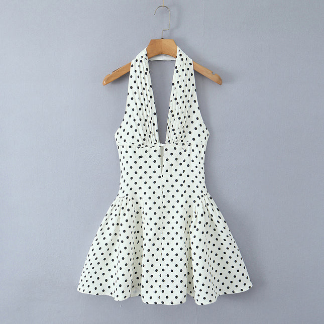 Back Hollow Out White Black Color Polka Dot Print Hot Sale Casual Fashion Summer Mini Halter Dress for Women