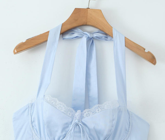Back Hollow Out Blue Color Sleeveless Front Lace up Casual Fashion Cotton Summer Mini Halter Dress for Ladies