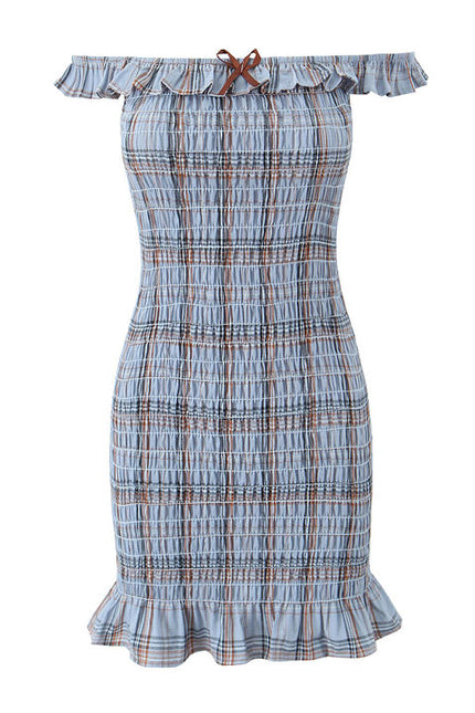 Slash Neck Smocked Plaid Print Front Bow Tie Sleeveless Casual Fashion Mini Dress for Women