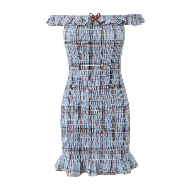 Slash Neck Smocked Plaid Print Front Bow Tie Sleeveless Casual Fashion Mini Dress for Women