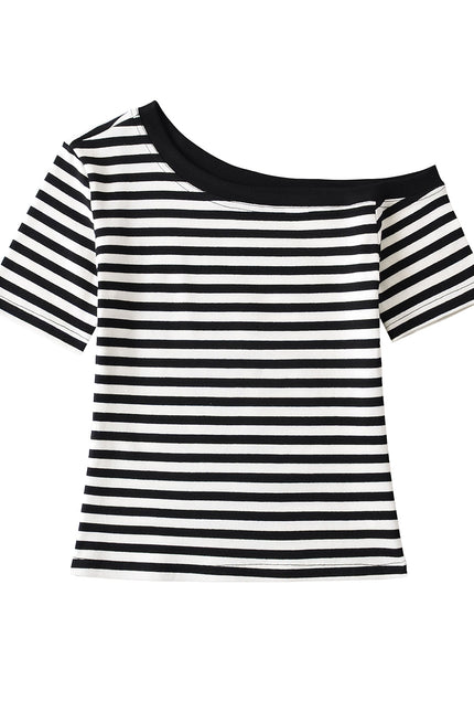 4 Colorway Asymmetrical Design Short Sleeve Striped Print Casual Fashion Summer Women t Shirt