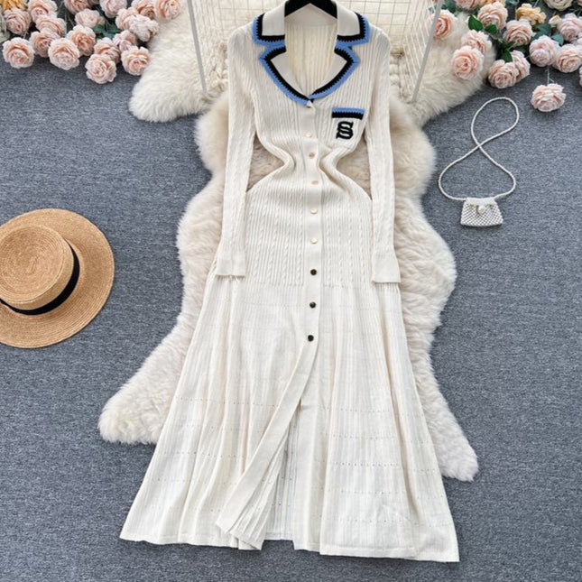 V-neck Women Knitted Spring Autumn Elegant Long Sleeve Ladies Fashion Maxi Dresses