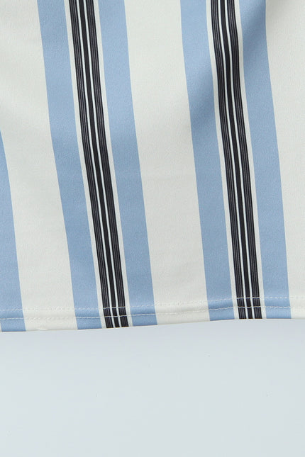Square Collar Striped Print Short Sleeve Blue White Color Casual Fashion t Shirt for Women