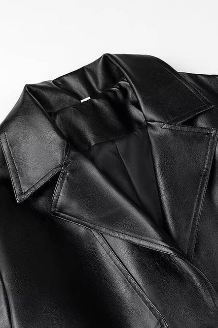 2 Colorway Long Sleeve Sashes Notched Collar Double Breasted Casual Fashion Leather Long Trench Coat for Women