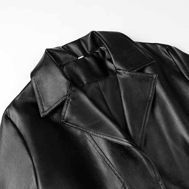 2 Colorway Long Sleeve Sashes Notched Collar Double Breasted Casual Fashion Leather Long Trench Coat for Women