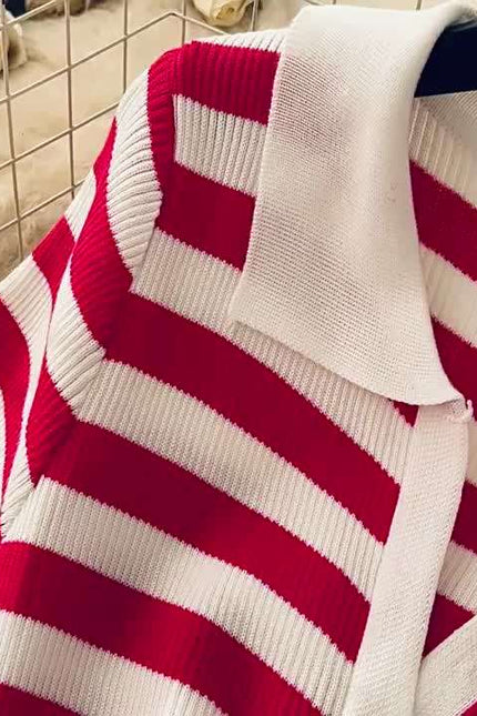 Vintage Lapel Single Breasted Cardigan Striped Women Knit Long Dresses