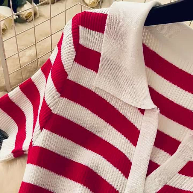 Vintage Lapel Single Breasted Cardigan Striped Women Knit Long Dresses