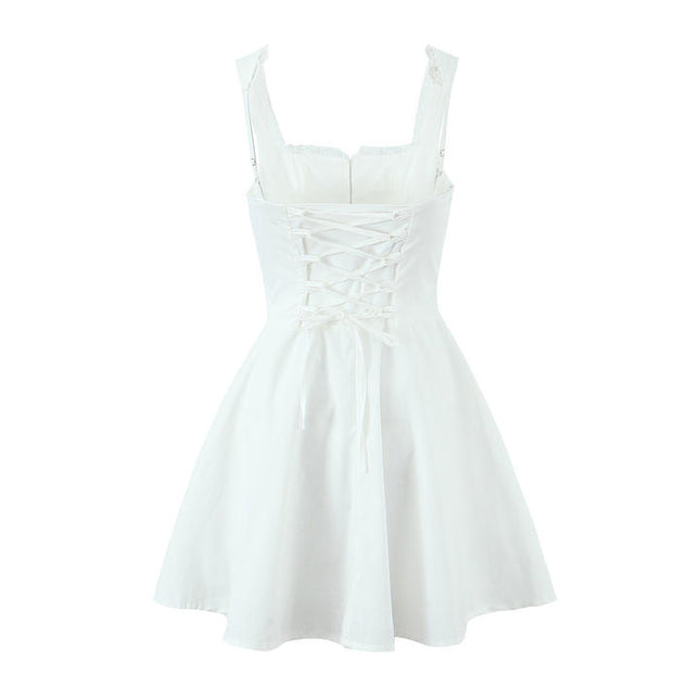 4 Colorway Solid Color Front Lace Shoulder Strap Casual Fashion Summer Mini Dress for Ladies