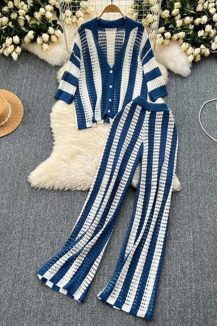 Plus Size Women's Premium Set Colorblocking Striped Knit Cardigan Loose Wide Leg Pants Casual 2 Pieces