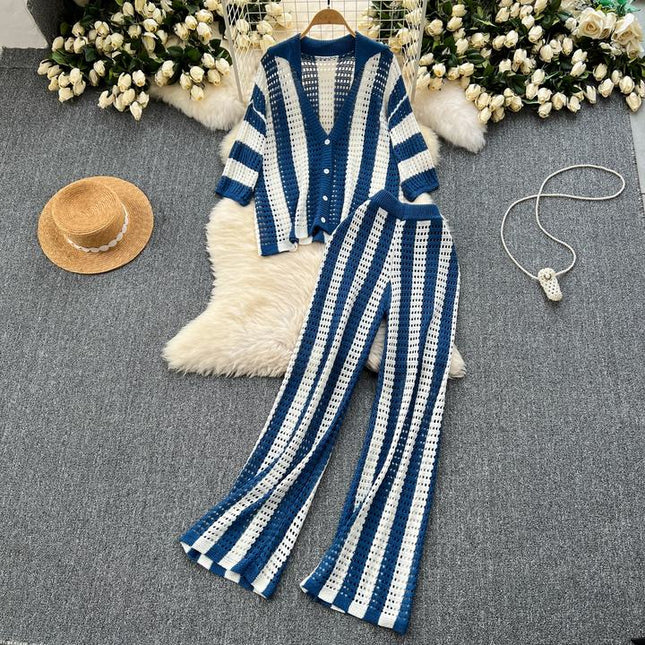 Plus Size Women's Premium Set Colorblocking Striped Knit Cardigan Loose Wide Leg Pants Casual 2 Pieces
