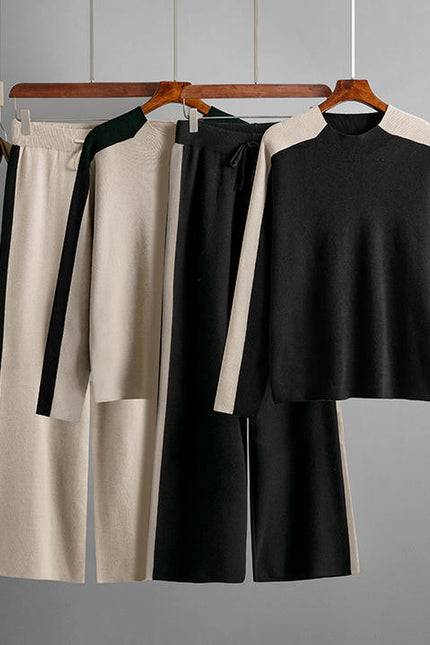 Autumn/winter Cross Border Half High Neck Sweater Contrast Splice Cropped Pants Fashion Women's Two Piece Set