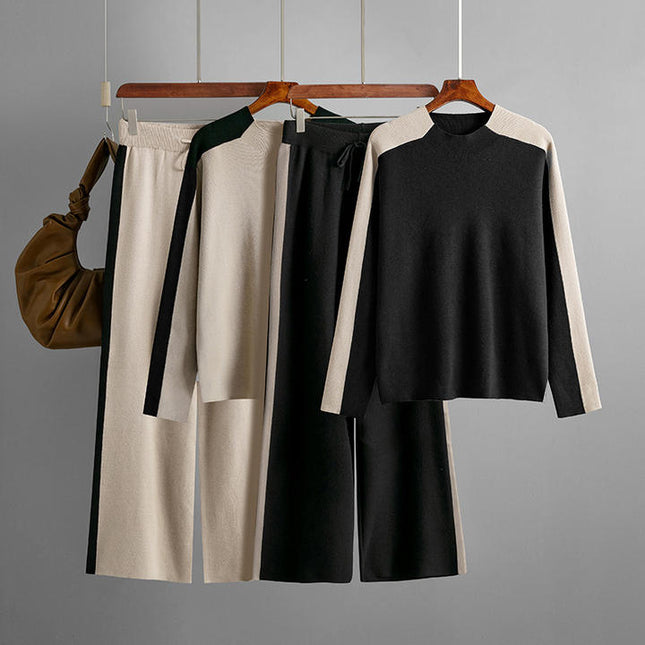 Autumn/winter Cross Border Half High Neck Sweater Contrast Splice Cropped Pants Fashion Women's Two Piece Set