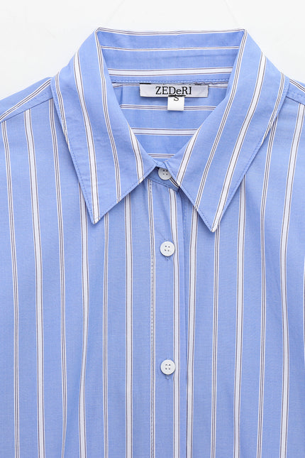 Turn Down Collar Striped Print Blue Color Long Sleeve Casual Fashion Tops Blouse for Women