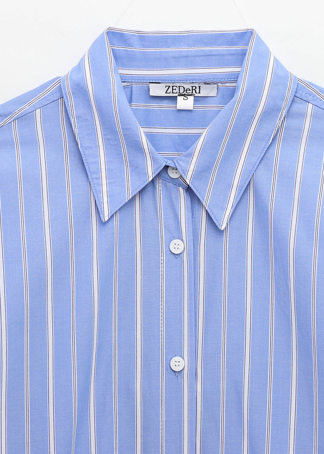 Turn Down Collar Striped Print Blue Color Long Sleeve Casual Fashion Tops Blouse for Women