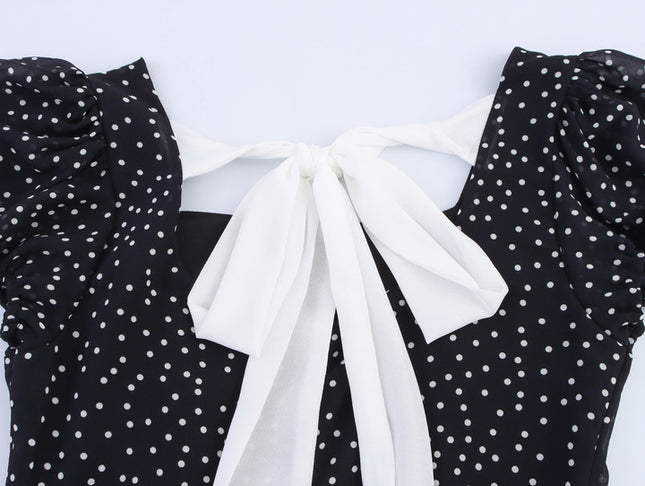 Square Collar Back Bow Tie Black Color Polka Dot Print Casual Fashion Summer Long Dress for Women