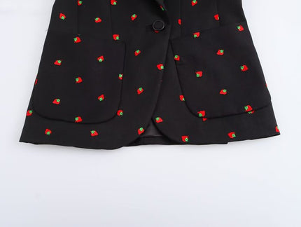 Black Color Fruit Print Black Color Long Sleeve Notched Collar Casual Fashion blazer for Women